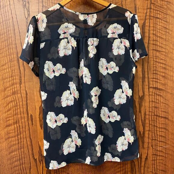Ann taylor navy floral chiffon keyhole neck short sleeve blouse top - Picture 6 of 7